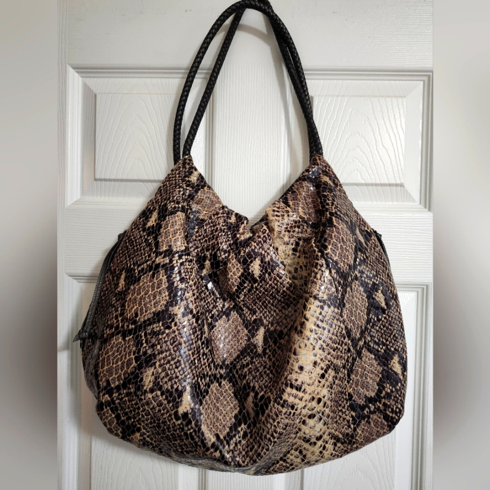 Brighton Snakeskin Bronze Brown Tan Large Circular Hobo Handbag